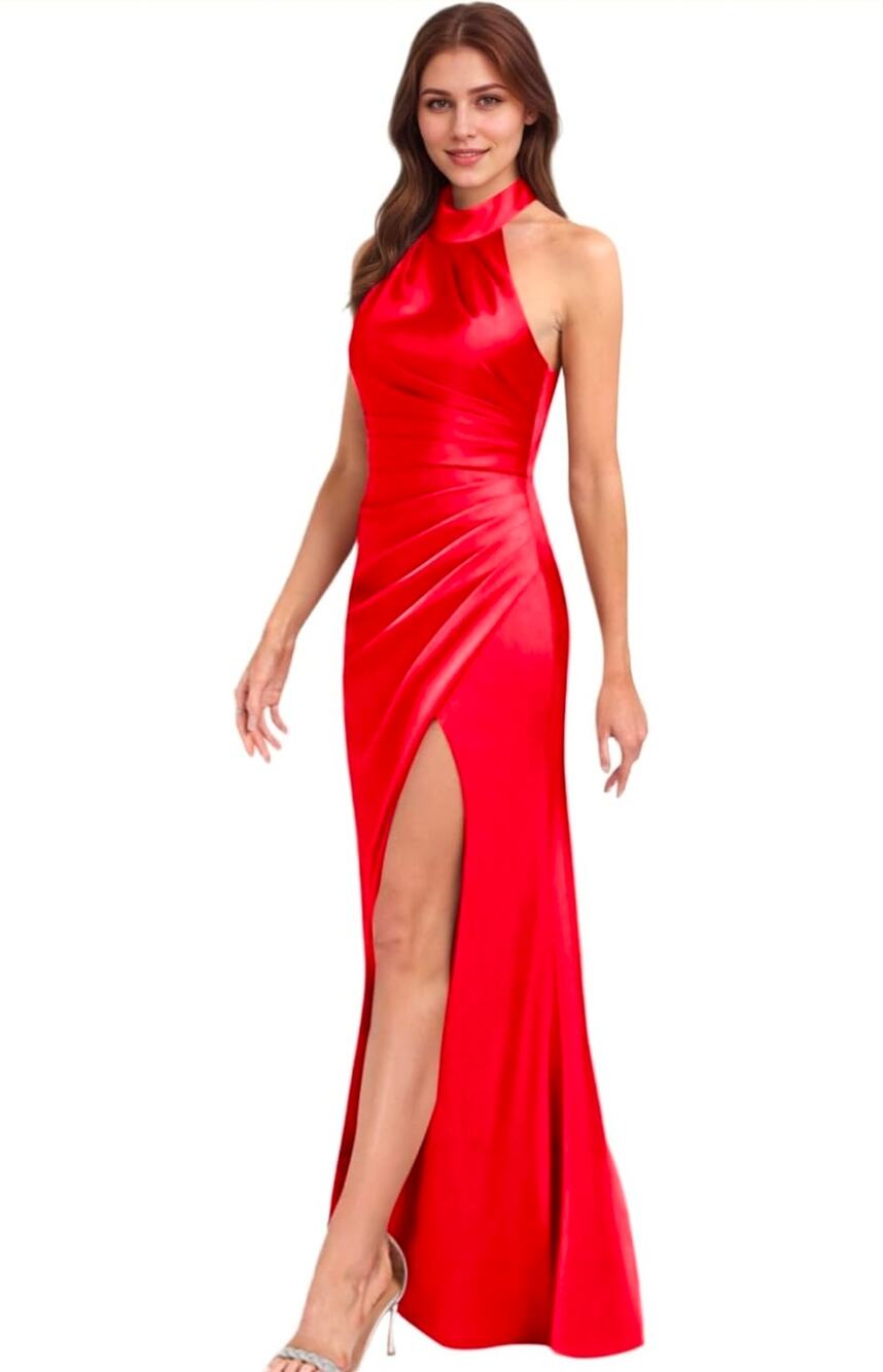 Satin Red halter pleated Elegant Maxi Gown Prom Sz 16W Formal Valentine's